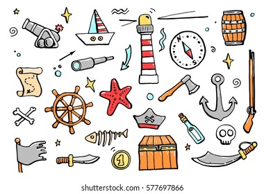 Hand drawn set of pirate and sea elements: ship, coins, bottle, anchor. Vector illustration for cartoon children design. Funny and comic style.