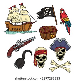 Hand Drawn Set Pirates Vintage Style Ship Equipment