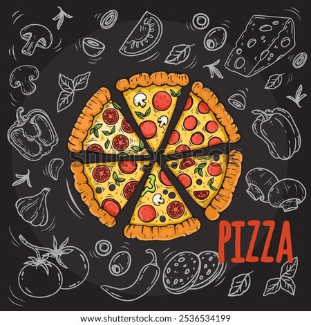 hand drawn set of pizza. Set of pizza ingredients in doodle style isolated. Design on black background for menus, pizzerias, restaurants, banners, markets. Vector illustration