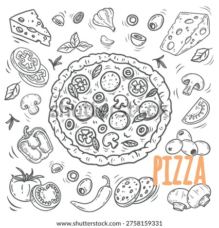 hand drawn set of pizza. Set of pizza ingredients in doodle style isolated. Design on white background for for menus, pizzerias, restaurants, banners, markets. Vector illustration