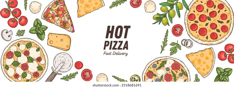 Hand drawn set of pizza. Italian pizza design template. Vector illustration