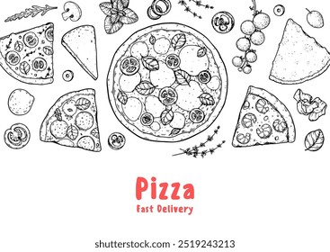 Hand drawn set of pizza. Italian pizza design template. Vector illustration