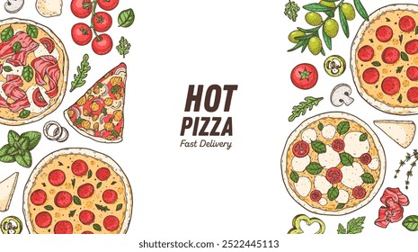 Jogo de pizza desenhado à mão. Modelo italiano de design de pizza. Ilustração vetorial
