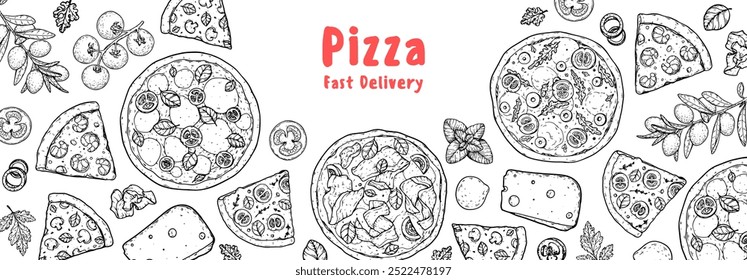 Hand drawn set of pizza. Italian pizza design template. Vector illustration