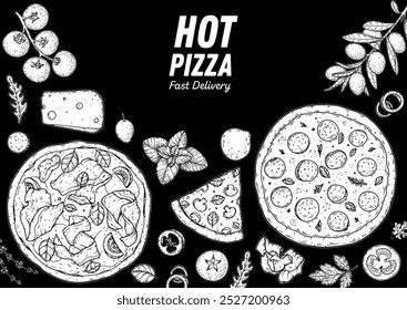 Hand drawn set of pizza. Italian pizza design template. Vector illustration. Italian food. Menu, package sketch design