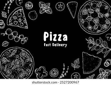 Hand drawn set of pizza. Italian pizza design template. Vector illustration. Italian food. Menu, package sketch design