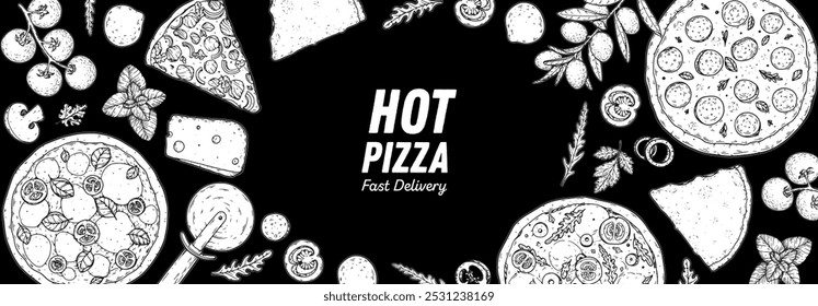 Hand drawn set of pizza. Italian pizza design template. Vector illustration. Italian food. Menu, package sketch design