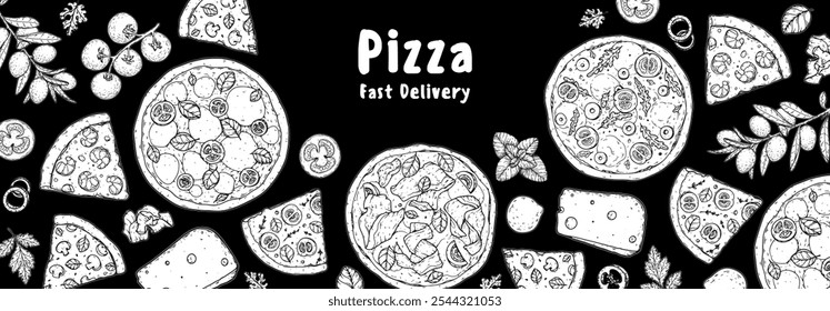 Jogo de pizza desenhado à mão. Modelo italiano de design de pizza. Ilustração vetorial. Comida italiana. Menu, design de esboço do pacote