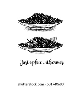 Hand drawn set of plates with black caviar. Retro sketches isolated. Vintage hypster collection. Doodle line graphic design. Black and white drawing plates with black caviar. Vector illustration.