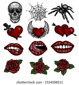 Hand drawn set pop art hearts  lips  brocken heart  two hearts and arrow  heart and wings   heart punctured by sword  lips  mouth  roses  skull  spider  spider web 