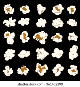 Hand drawn set of popcorn. 25 popcorn slices of different form. Colorful variant, black background. Isolated macro popcorn.