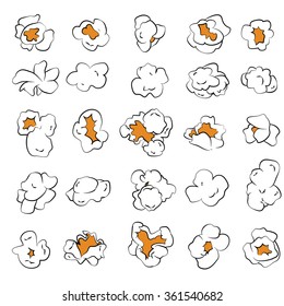 Hand drawn set of popcorn. Collection of different form popcorn slices. Colorful variant, white background. Isolated macro popcorn.