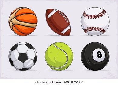 Hand drawn set of popular sports balls, basketball, football, baseball, tennis, soccer and billiards