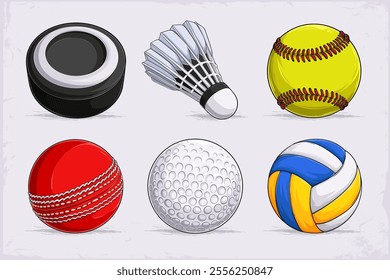 Hand drawn set of popular sports balls, volleyball, tennis, cricket, hockey, golf and shuttlecock