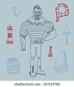 Hand drawn set portrait of bearded and tattooed sailor 