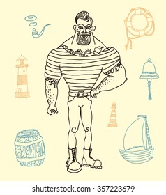 Hand drawn set portrait of bearded and tattooed sailor 