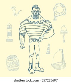 Hand drawn set portrait of bearded and tattooed sailor 