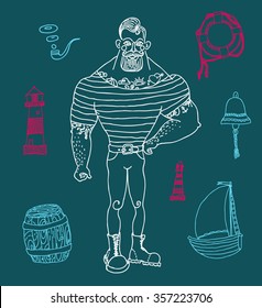 Hand drawn set portrait of bearded and tattooed sailor 