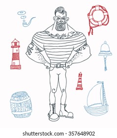 Hand drawn set portrait of bearded and tattooed sailor 