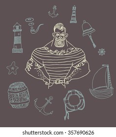 Hand drawn set portrait of bearded and tattooed sailor 