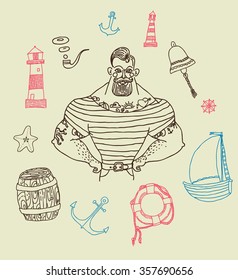 Hand drawn set portrait of bearded and tattooed sailor 