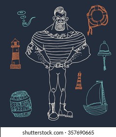 Hand drawn set portrait of bearded and tattooed sailor 