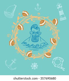 Hand drawn set portrait of bearded and tattooed sailor 