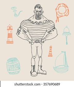 Hand drawn set portrait of bearded and tattooed sailor 