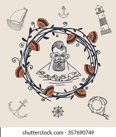 Hand drawn set portrait of bearded and tattooed sailor 
