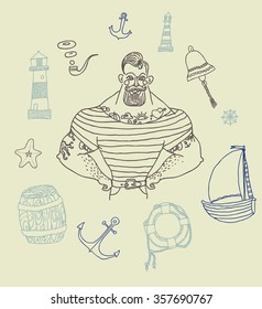 Hand drawn set portrait of bearded and tattooed sailor 