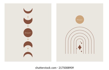 Carteles dibujados a mano en estilo boho. Resumen de fases luna y arco. Bohemias de arte mural. Ilustración del vector abstracto. Antecedentes de mediados del siglo. Impresión vectorial minimalista.