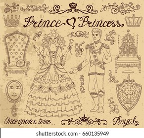 Hand drawn set with prince and princess concept on textured background. Graphic vector illustration, doodle sketch with vintage design elements. Suitable for invitation, greeting cards