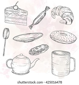 Hand drawn set of products for tea, and tea accessories. 
