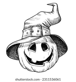 Handgezeichnete Kürbisse zu Halloween in spitzen Kappen. Vektorgrafik im Skizzenstil. Einfaches einfarbiges Bild. handgezeichnete Farbillustration