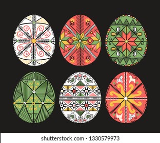 Hand drawn set with pysanky. Easter eggs. Ukrainian easter eggs. Eggs with traditional ukrainian folk ornament. Easter eggs in folk style from Ukraine. Easter decoration isolated on black