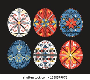 Hand drawn set with pysanky. Easter eggs. Ukrainian easter eggs. Eggs with traditional ukrainian folk ornament. Easter eggs in folk style from Ukraine. Easter decoration isolated on black