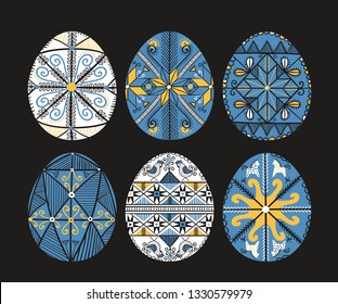 Hand drawn set with pysanky. Easter eggs. Ukrainian easter eggs. Eggs with traditional ukrainian folk ornament. Easter eggs in folk style from Ukraine. Easter decoration isolated on black