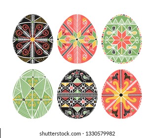 Hand drawn set with pysanky. Easter eggs. Ukrainian easter eggs. Eggs with traditional ukrainian folk ornament. Easter eggs in folk style from Ukraine. Easter decoration isolated on white