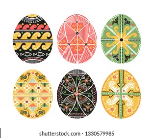 Hand drawn set with pysanky. Easter eggs. Ukrainian easter eggs. Eggs with traditional ukrainian folk ornament. Easter eggs in folk style from Ukraine. Easter decoration isolated on white