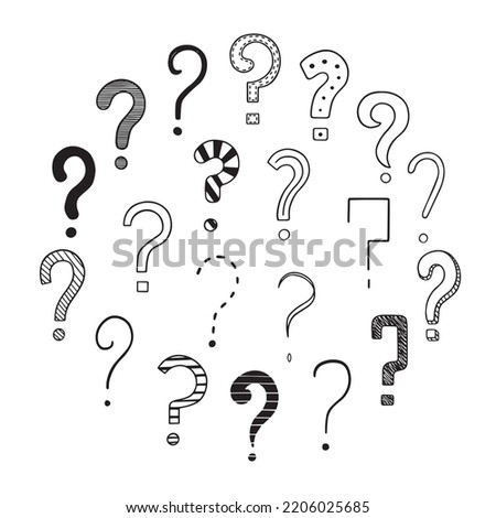 Hand drawn set of queon marks doodle. Different interrogation signs in sketch style.  Vector illustration isolated on white background.