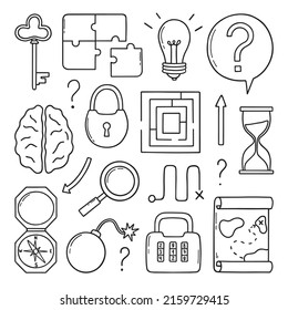 Juego de garras dibujado a mano del doodle de misiones. Enfrentamientos, acertijos y concursos. Brújula, mapa, cerradura, llave, laberinto y horquilla en forma de boceto. Ilustración del vector aislada en fondo blanco