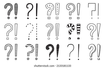 Hand drawn set of question and exclamation marks doodle. Different punctuation sigs in sketch style.  Vector illustration isolated on white background.