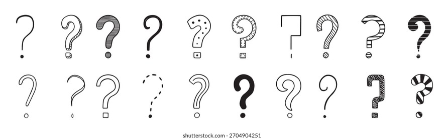 Conjunto dibujado a mano de signos de interrogación doodle. 