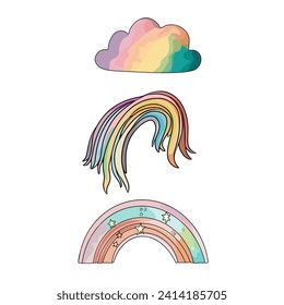 Hand drawn Set of rainbows and leaves. Vector is magical. Children's seamless illustration for printing on a print, blank for designersю 