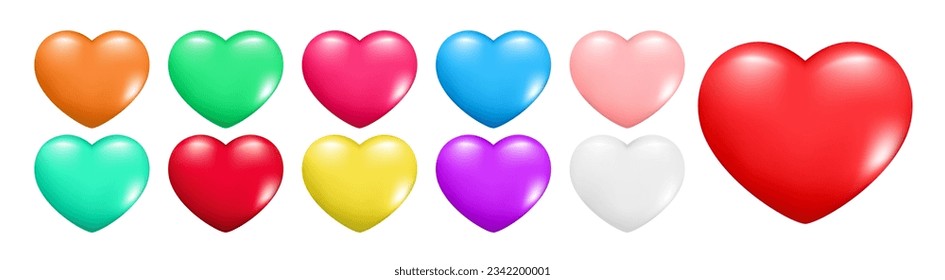 Hand drawn set of realistic 3d hearts. Decorative spring romantic icon love symbol. Valentines day collection of colorful hearts. Abstract vector illustration isolated on a white background