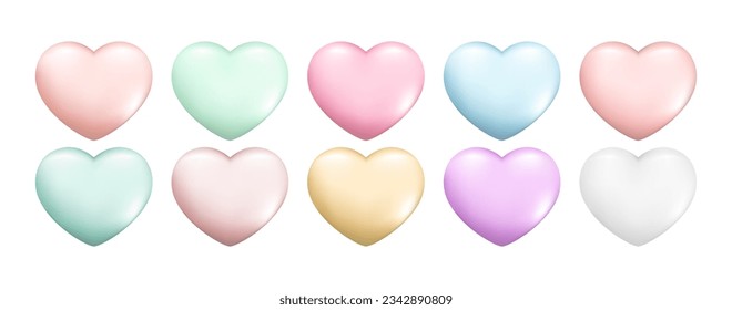 Conjunto de corazones 3d realistas dibujados a mano. Símbolo de amor romántico de primavera decorativa. Colección del día de San Valentín de corazones coloridos. Ilustración del vector abstracto aislada en un fondo blanco