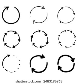 Hand drawn set of recycle icons or arrow circles isolated on a white background. Vector illustration.