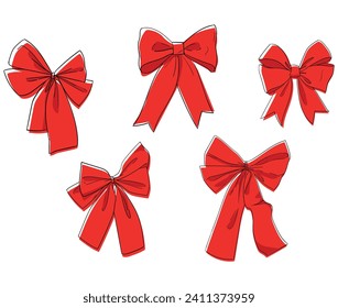 Hand drawn Set Red Bow, Sketch Bow Isolated On White Background Vector, Elements of the holiday for design
