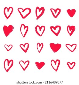 Hand drawn set of red hearts on white background. Vector illustration. Valentine's Day illustration. 