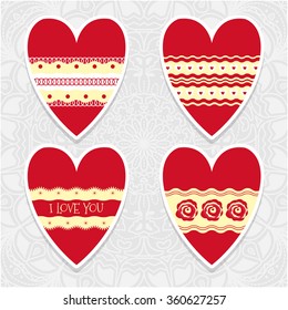 Hand drawn set of red hearts. Red valentine hearts with laces. Vector illustration on gray and white background